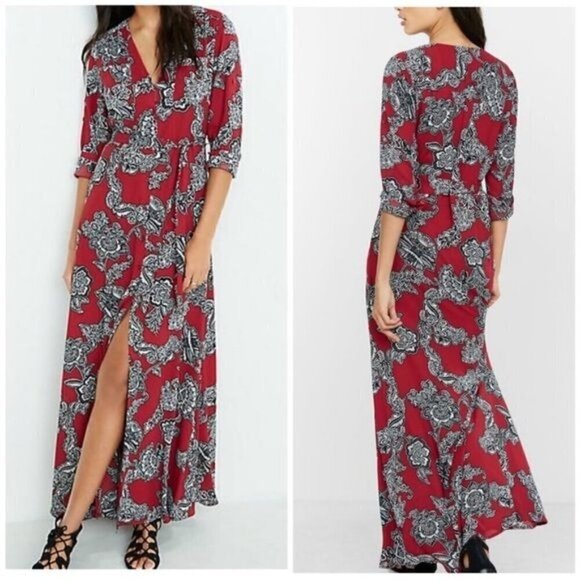 Express Burgundy Floral Button Front Maxi Dress XS - Picture 1 of 11